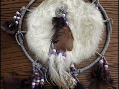 Handmade Native American Style Dream Catcher - White Fur, Feathers, Purple/White Beads