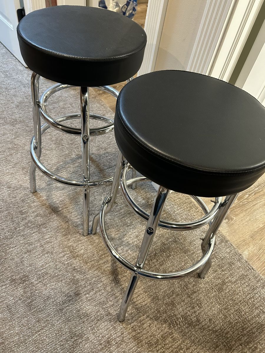 Pair of Black Upholstered Chrome Swivel Bar Stools - 29" Tall