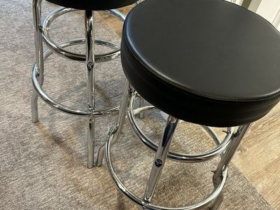 Pair of Black Upholstered Chrome Swivel Bar Stools - 29" Tall