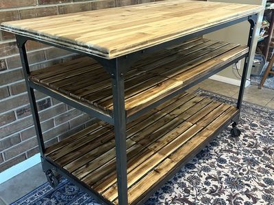 Industrial Solid Wood Rolling Kitchen Island – Butcher Block – 50”