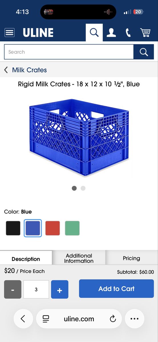 Uline Rigid Blue Milk Crates - 18 x 12 x 10.5 Inches