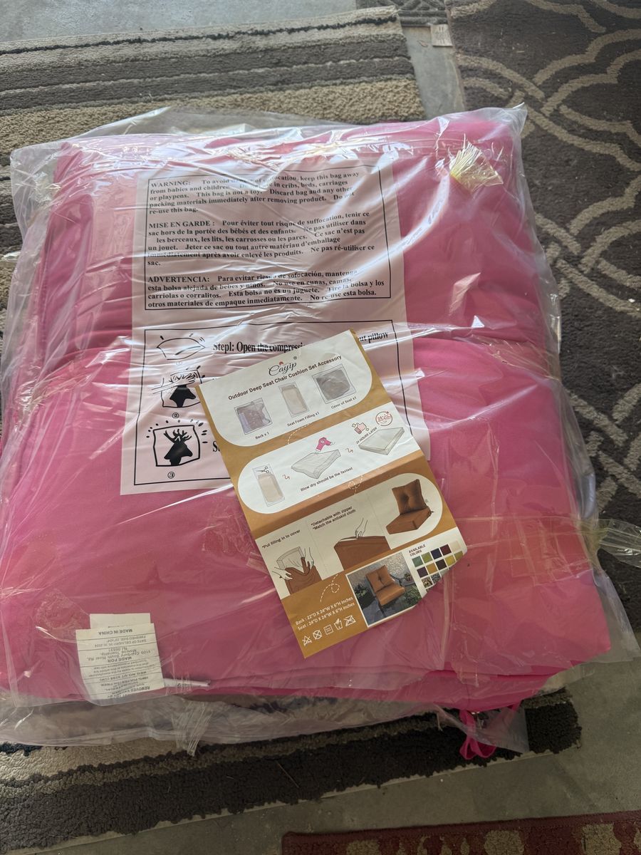 A single pink Outdoor Deep Seat Chair Cushion Set - Pink, New, 22x24x6" Back, 24x24x6" Seat and back pillow
