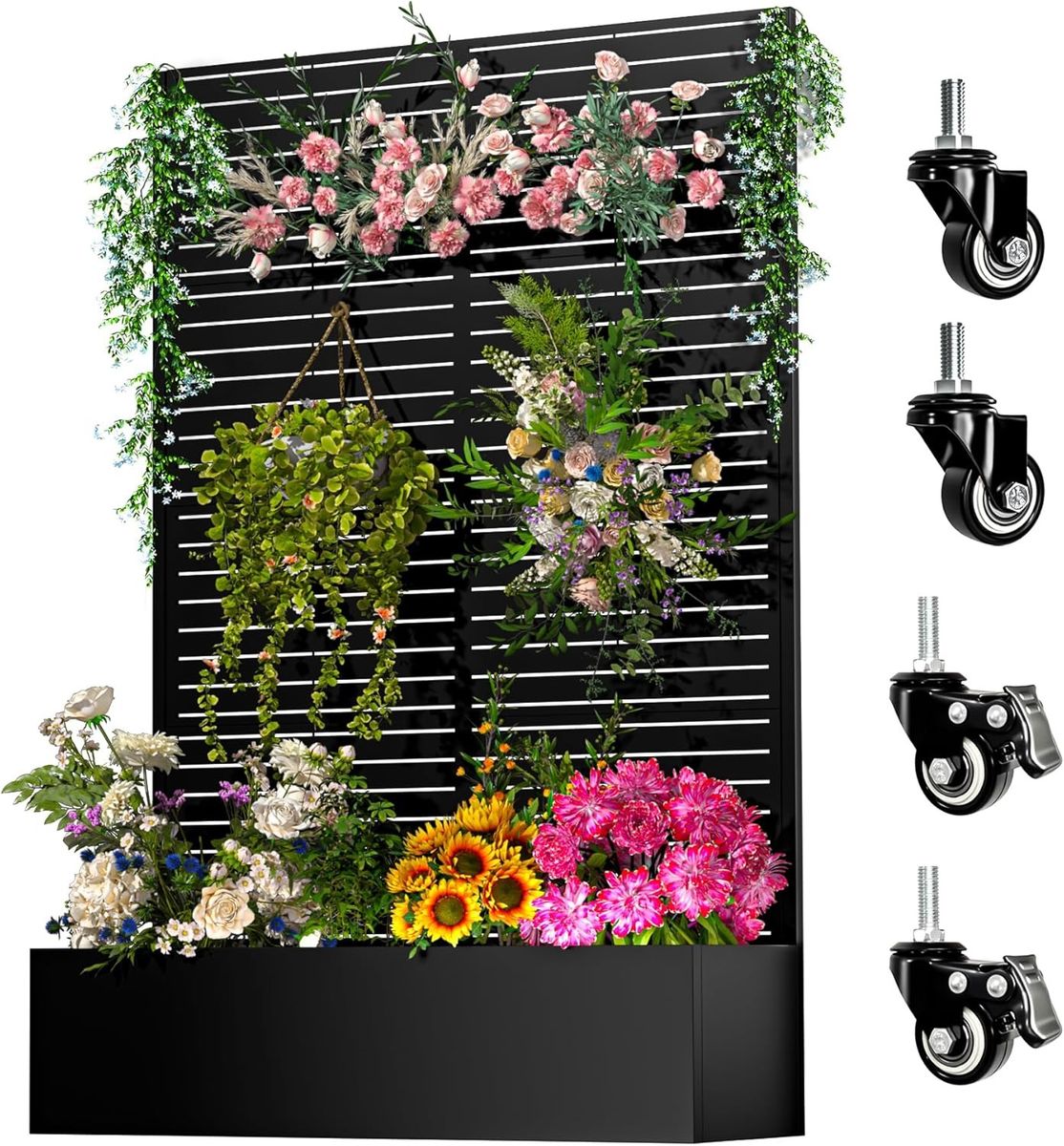 New Black Privacy Screen with Planter Box Wheels