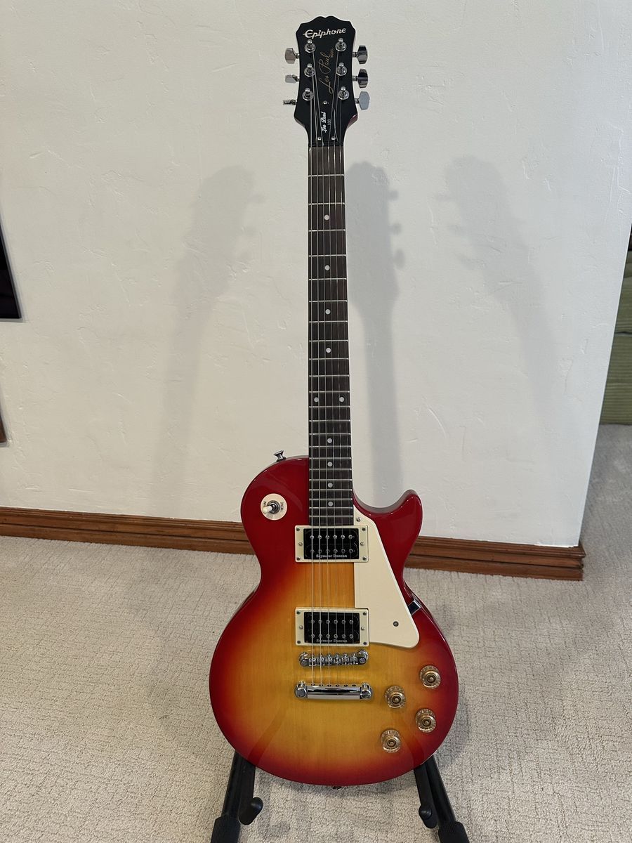 Epiphone Les Paul 100 Electric Guitar with upgraded Seymour Duncan Pickups in Red/Yellow Sunburst + Hard Shell Case