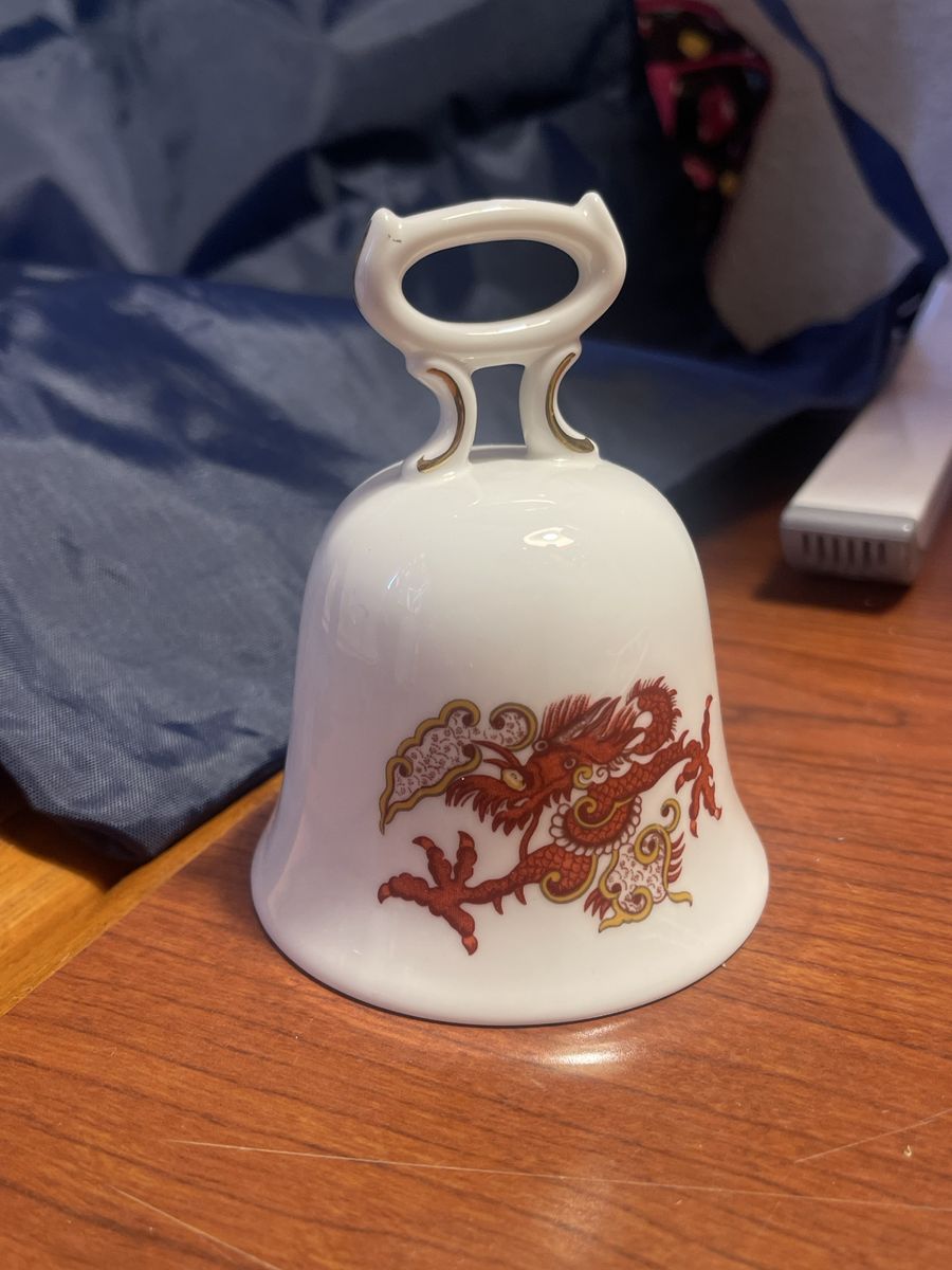 Staffordshire Crown Fine Bone China Bell w/ Red Dragon Design, White, 1801 England