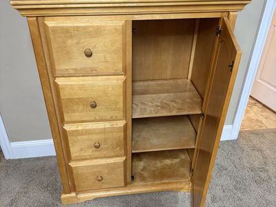 Solid Wood Wardrobe Armoire - Light Wood Finish, 4 Drawers, Adjustable Shelves