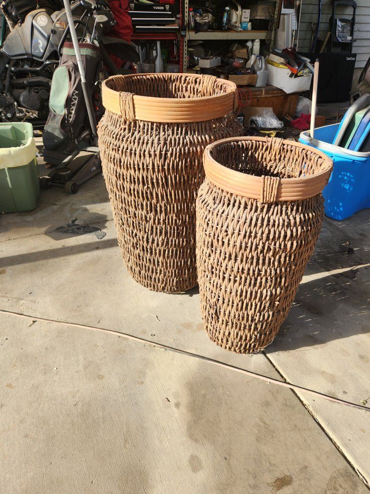 Pair of Large Woven Rattan Baskets - 12" and 18" Diameter