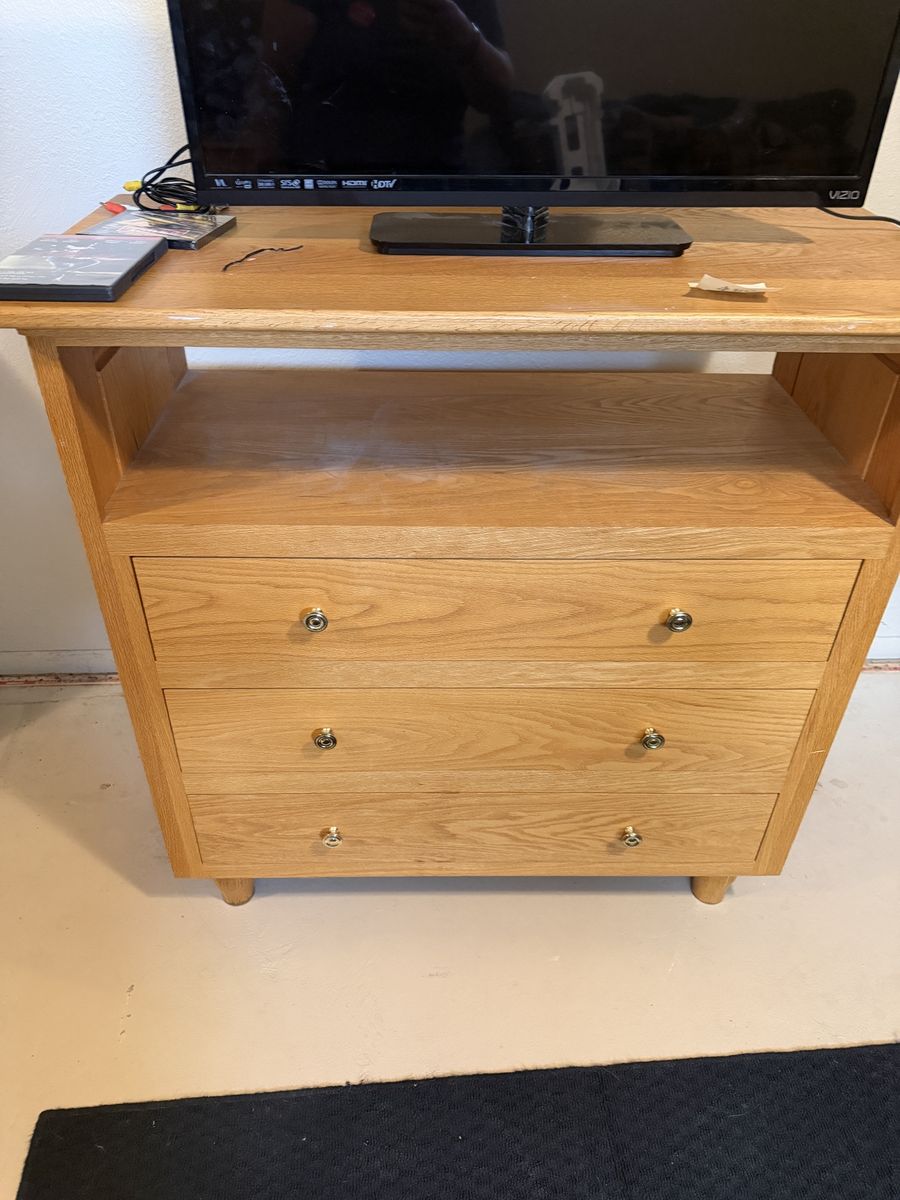 Oak Finish 3-Drawer Media Console with Open Shelf - Light Wood Entertainment Unit
