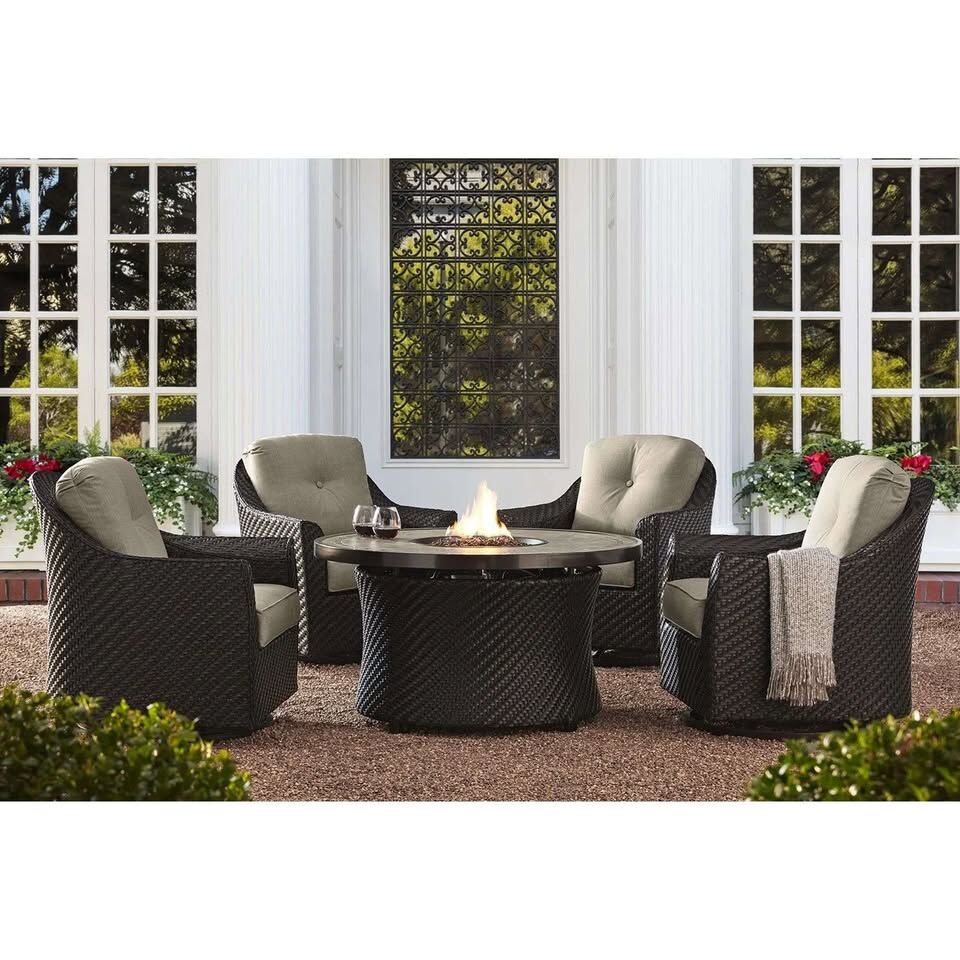 NIB Member's Mark Heritage Fire Pit Chat Set Table 5pc Outdoor Furniture Patio/Deck 4 Swivel Chairs