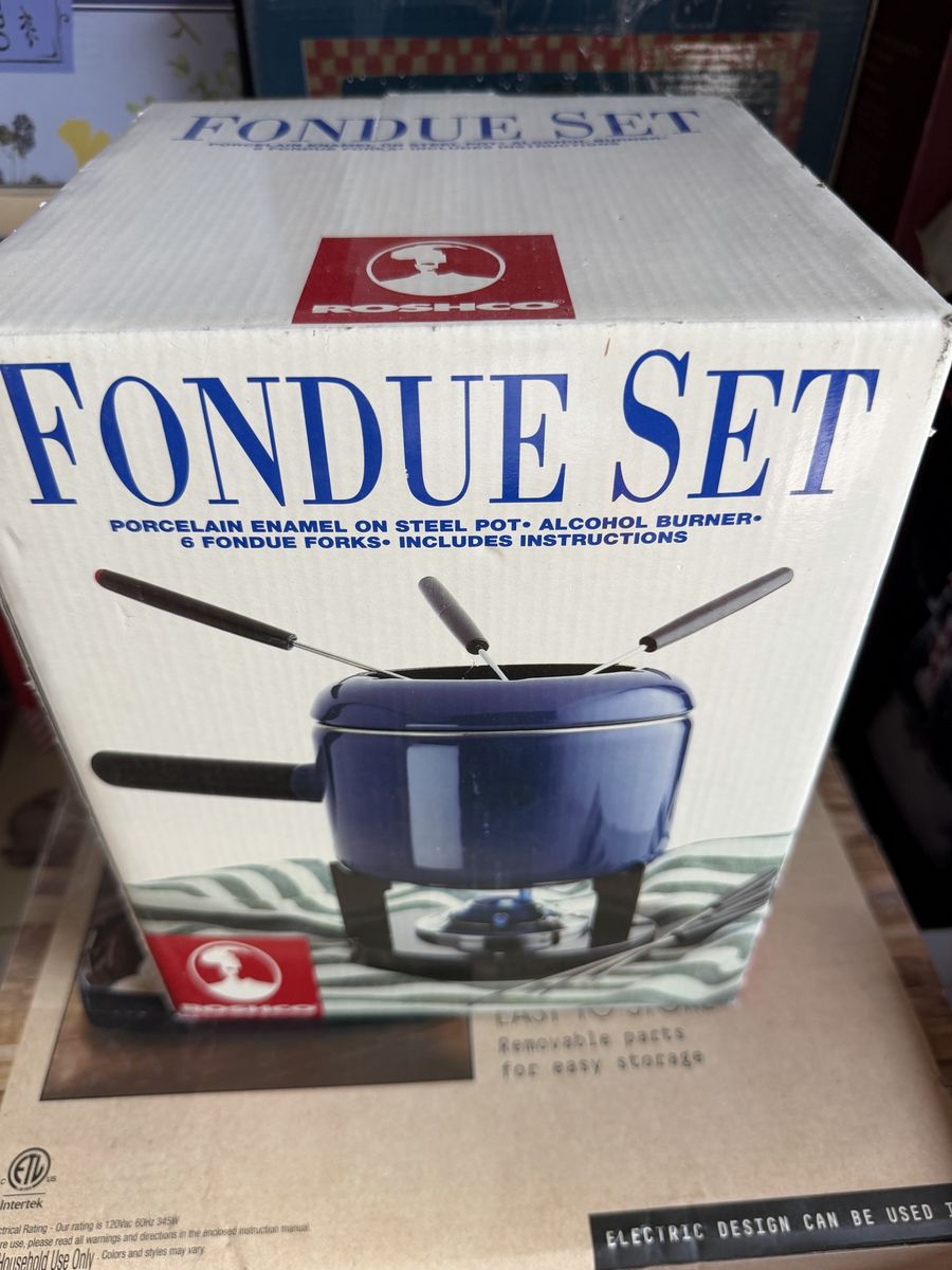 Roshco Porcelain Enamel on Steel Fondue Set with 6 Forks and Burner