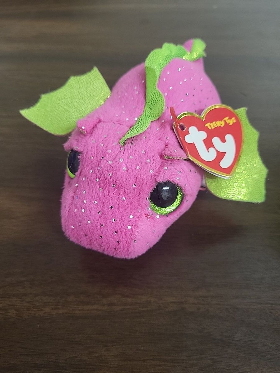 Ty Teeny Tys Neon Pink & Green Sparkle Dragon Plush Stuffed Animal Toy w/ Tags 2017