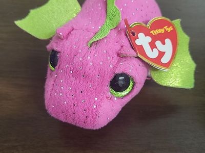 Ty Teeny Tys Neon Pink & Green Sparkle Dragon Plush Stuffed Animal Toy w/ Tags 2017