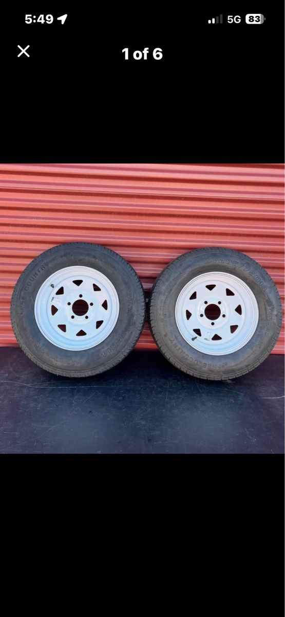 New Set of 2 Hi Run ST 205 75 R 14 Trailer Tires Mounted on New White Spoke Wheels 5 on 4.5 Lug Pattern