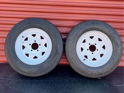 New Set of 2 Hi Run ST 205 75 R 14 Trailer Tires Mounted on New White Spoke Wheels 5 on 4.5 Lug Pattern