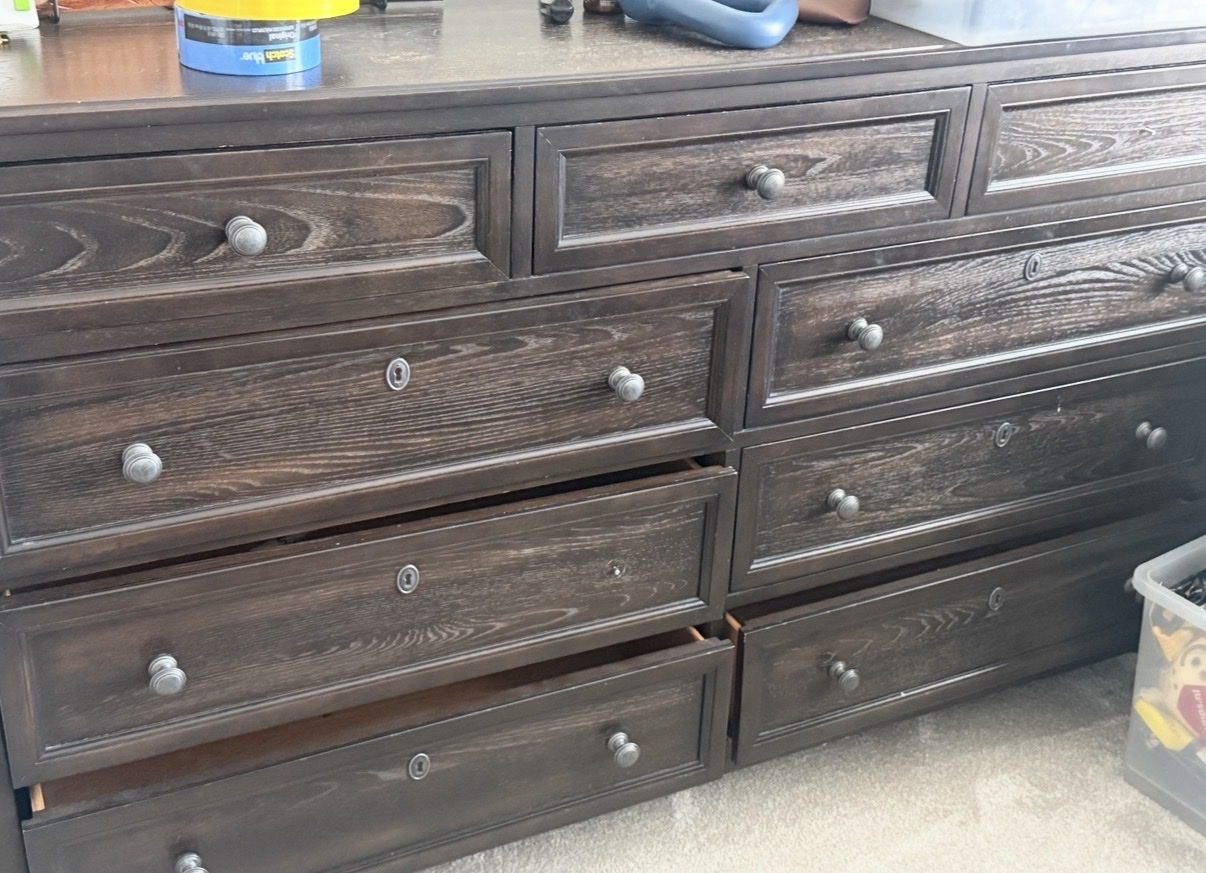 Rustic Dark Wood Dresser with 9 Drawers - Spacious Storage Cabinet