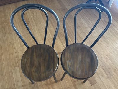2 Vintage Industrial Bentwood Bistro Chairs with Metal Frame - Dark Wood & Gunmetal