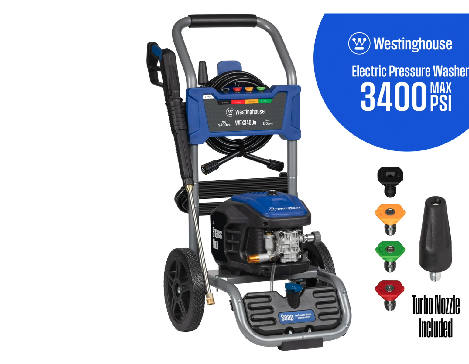 New in Box Westinghouse 3400 Max PSI, 2.0 Max GPM Pressure Washer,Brushless Motor, 5 Nozzles