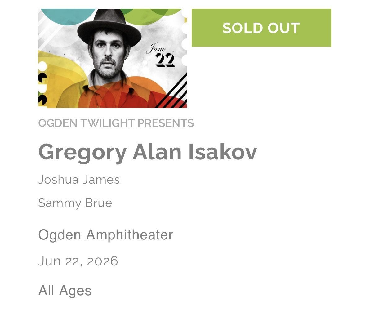 Gregory Alan Isakov Ogden 22nd Amphitheater 2x Tickets