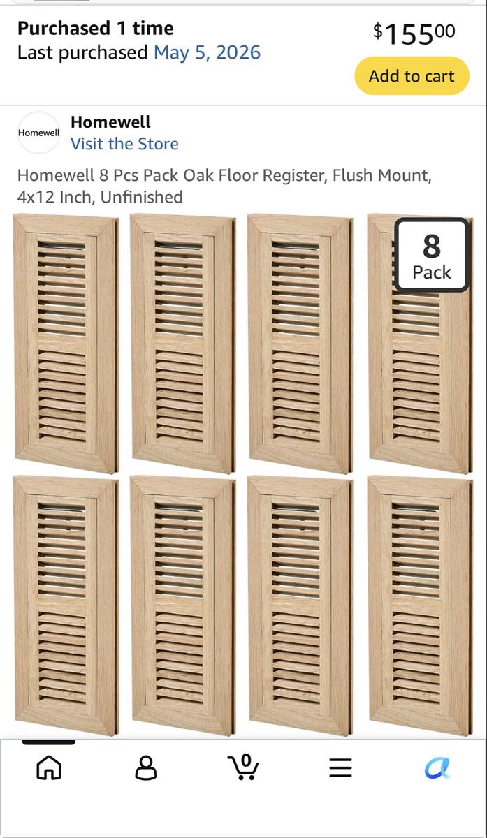 Homewell 8-Pack Oak Floor Registers, Flush Mount 4x12 Inch, Unfinished Wood