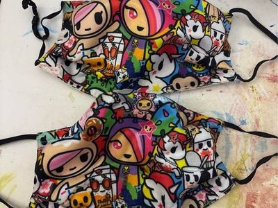 2 Tokidoki Character Face Masks each with Filter Pocket - Adult Sized, Adjustable Ear Straps