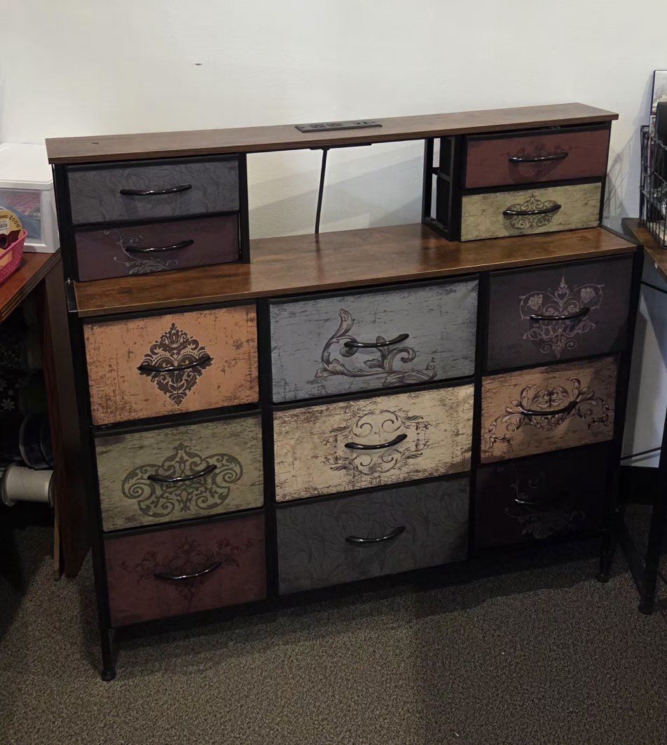 Rustic Fabric Dresser Storage Tower with Charging Station