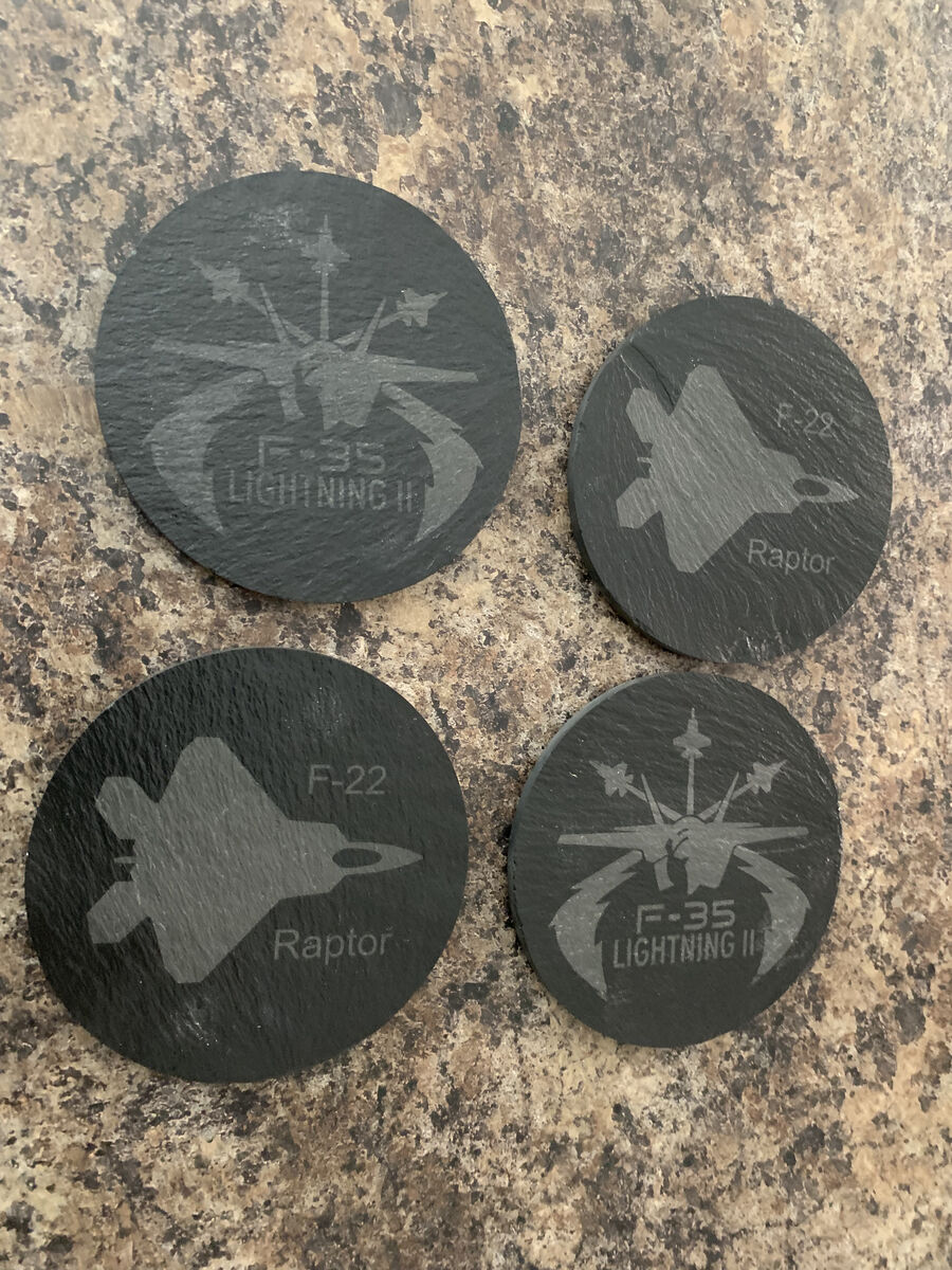 Slate Drink Coasters F-22 F-35 Airplanes, laser engraved