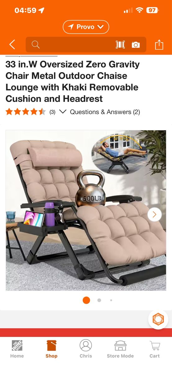 Oversized Zero Gravity Chaise Lounge Chair, 33"W, Metal Frame, Khaki Cushion & Headrest, 500lb Capacity
