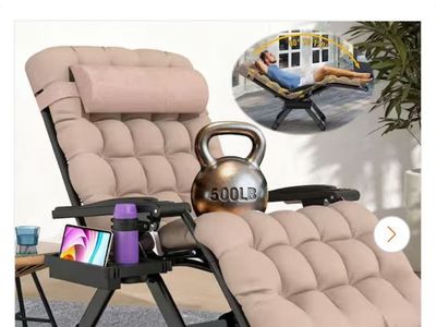 Oversized Zero Gravity Chaise Lounge Chair, 33"W, Metal Frame, Khaki Cushion & Headrest, 500lb Capacity