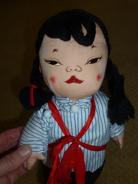 Vintage Cloth Asian Hand Painted Doll with a Baby on Her Back-1950's-1960's