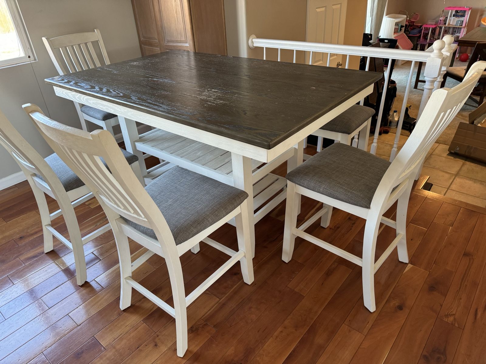 Counter height table with 4 chairs and 1 bench