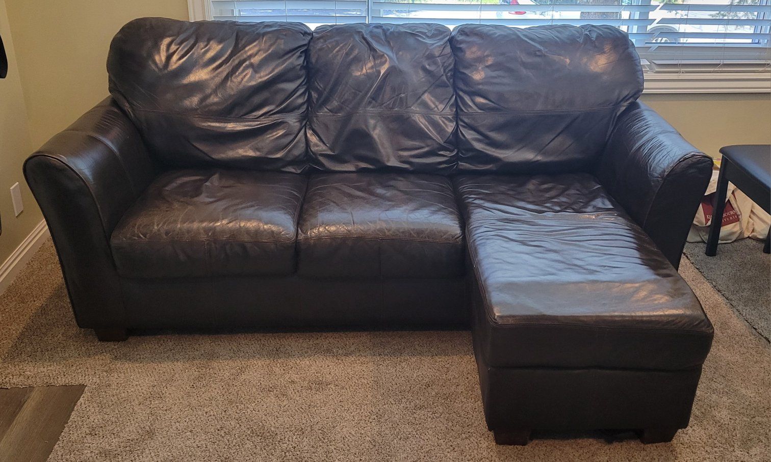 Comfy Chocolate Brown Leather Couch with Chaise - Used, Minor Wear