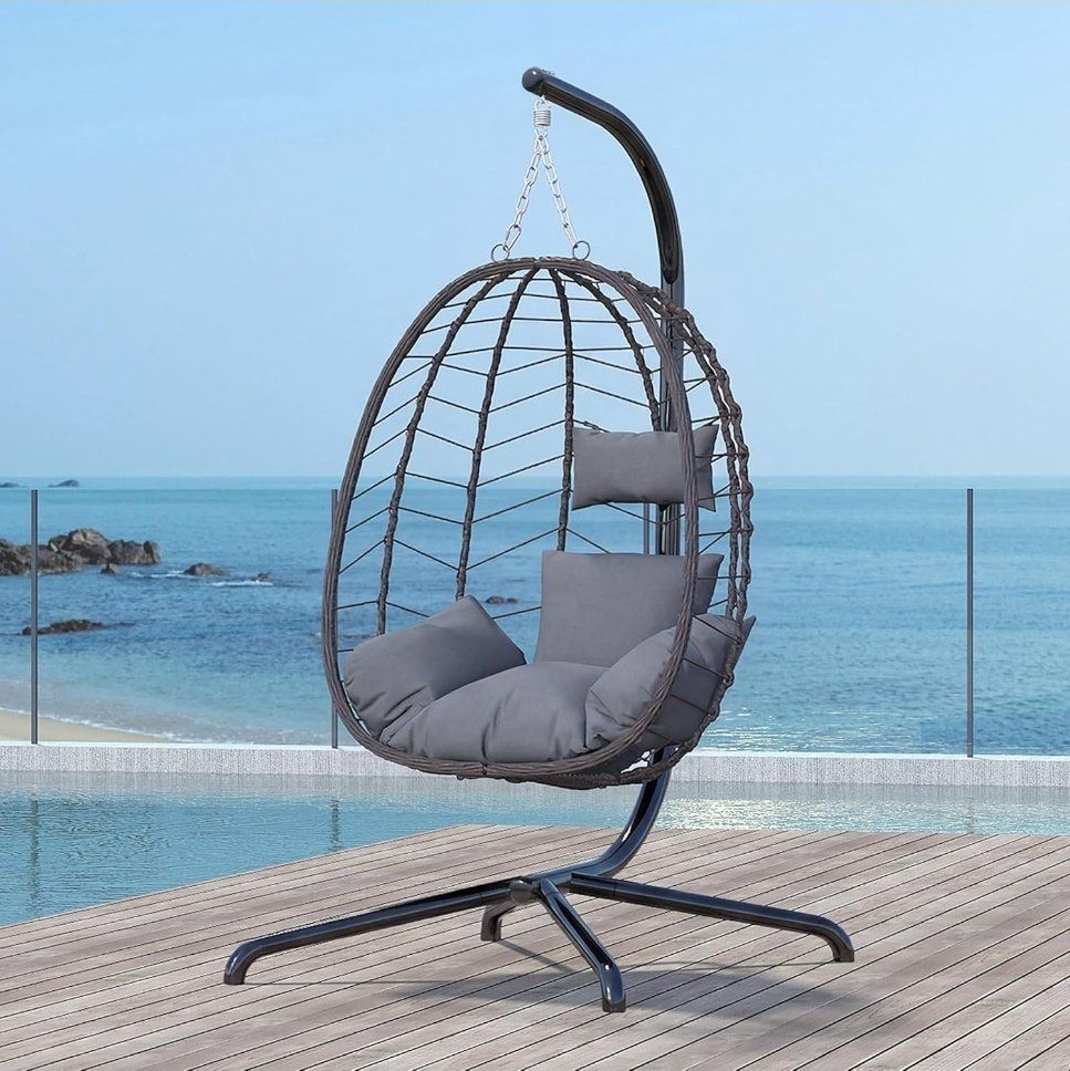 BRAND NEW Hanging Egg Chair with Stand – Brown & Gray Cushions – $100