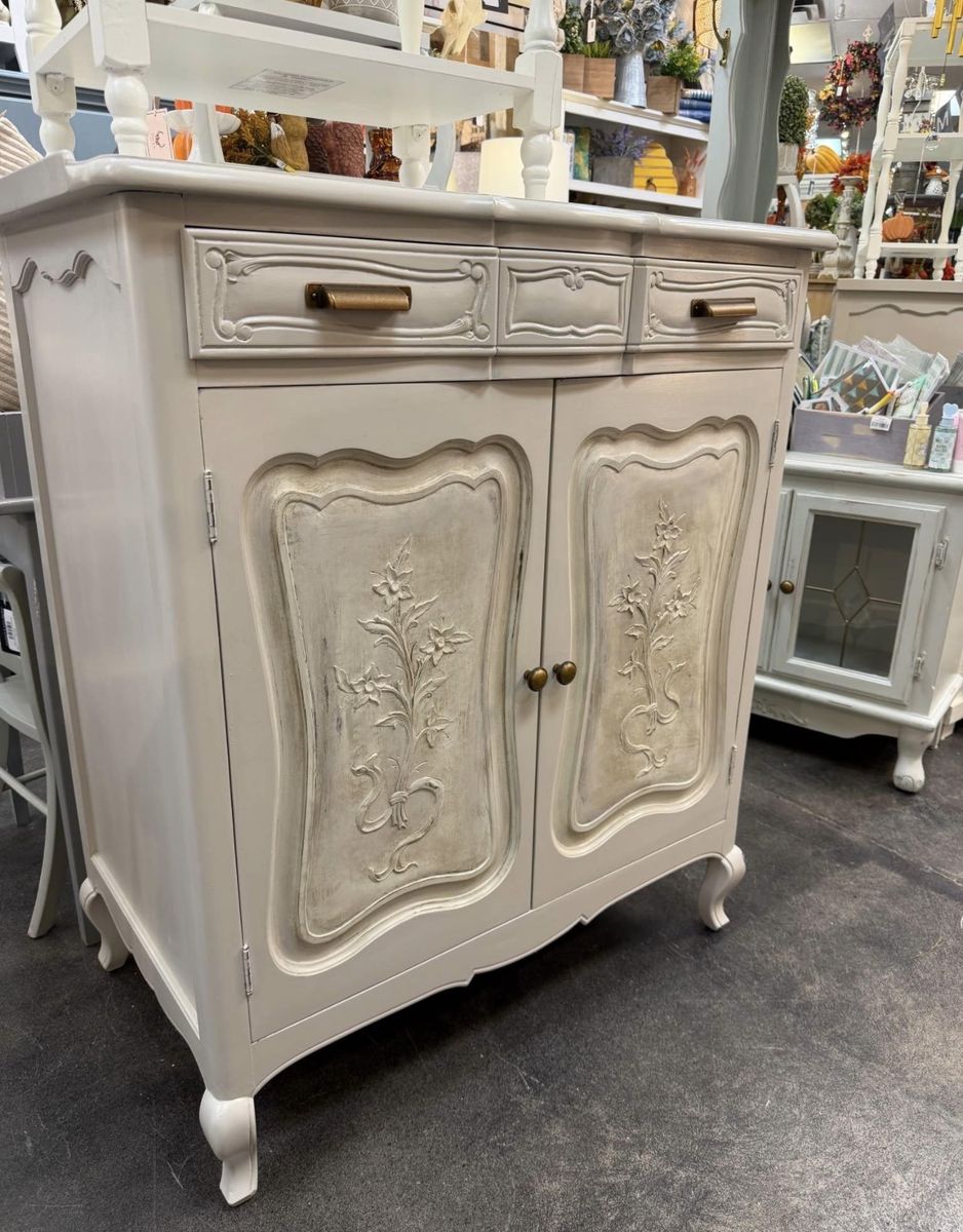 Vintage French Provincial Buffet Cabinet with Floral Carvings & Drawers