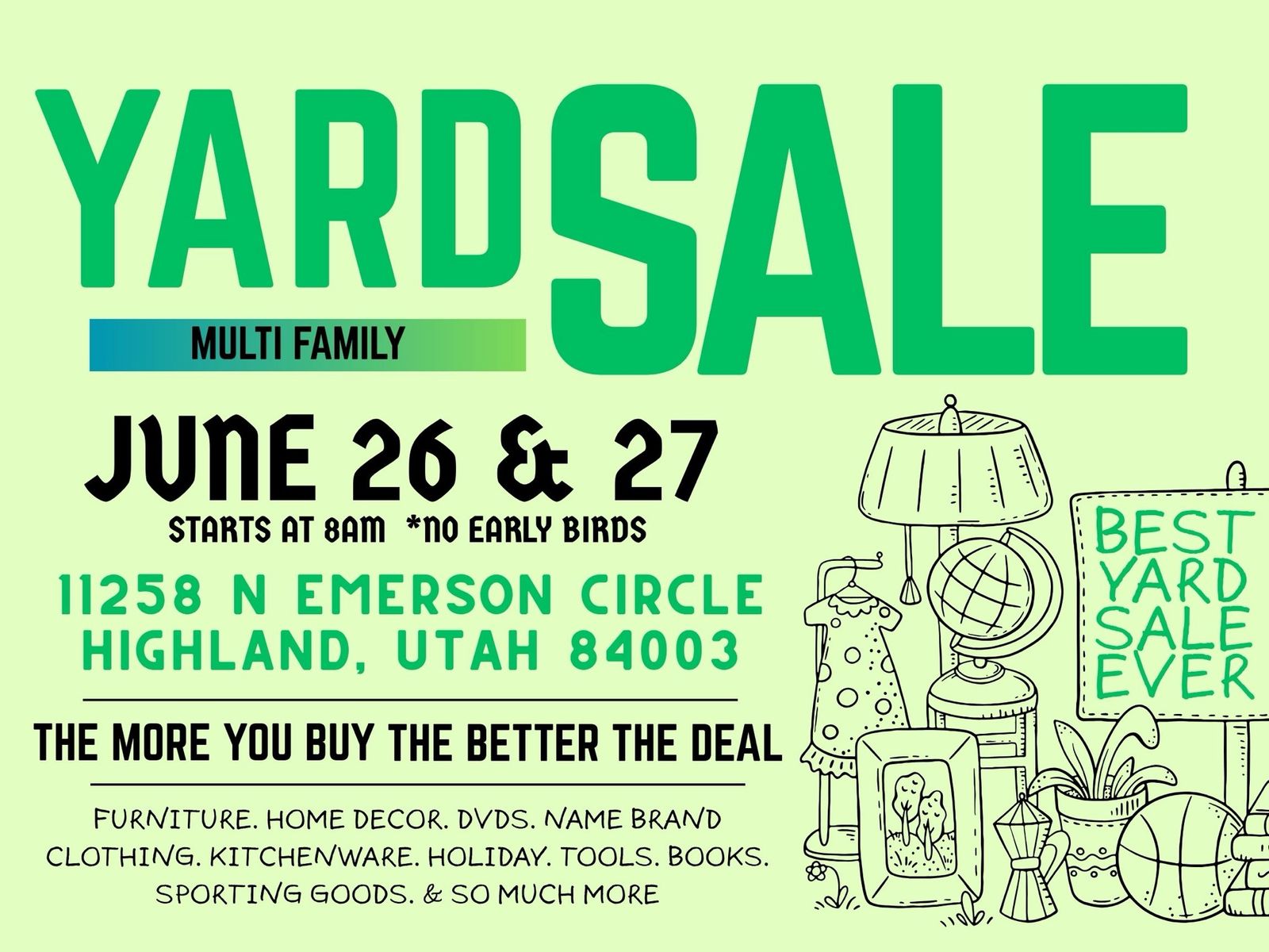 GIANT 5 Family yard sale HIGHLAND FRI & SAT