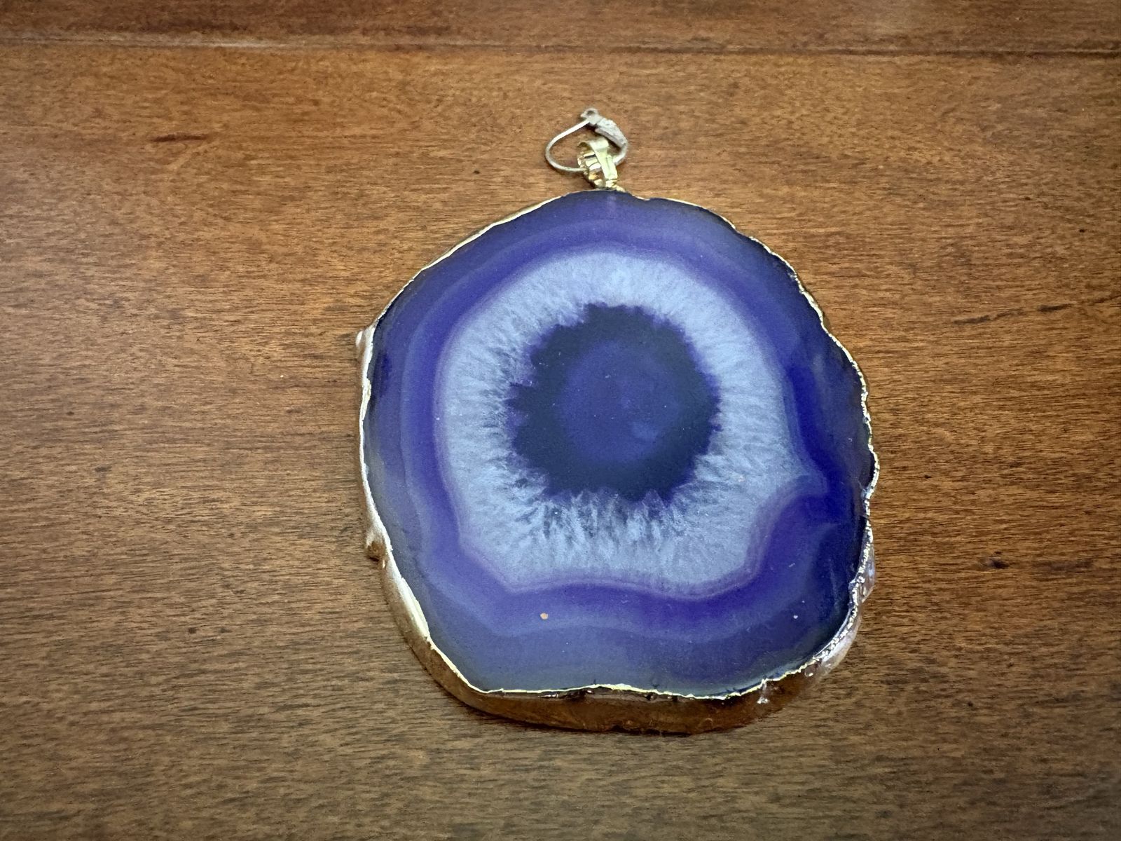 Large Purple Slice Of Agate Pendant W/ Gold Edge