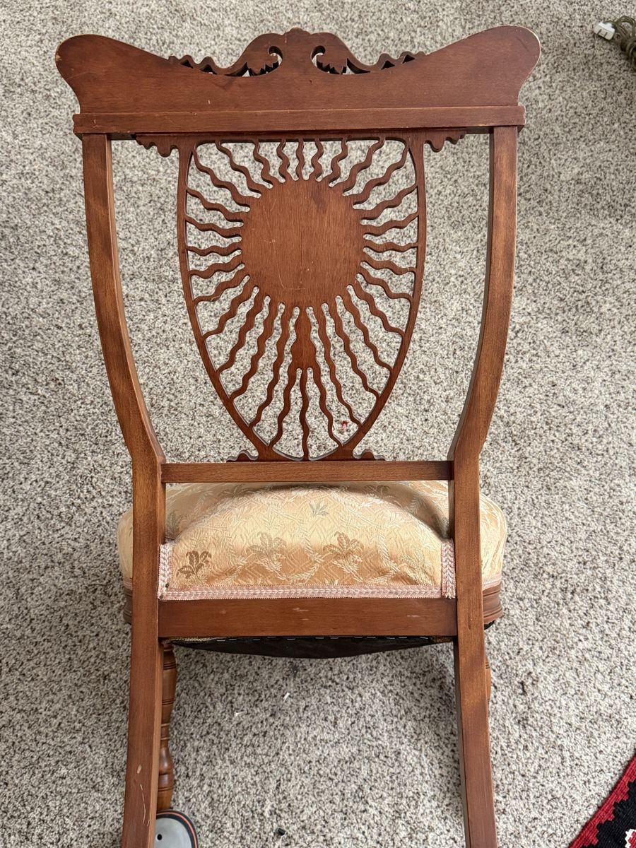 Vintage Wooden Accent Chair with Carved Sunburst Back & Upholstered Seat