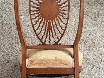 Vintage Wooden Accent Chair with Carved Sunburst Back & Upholstered Seat