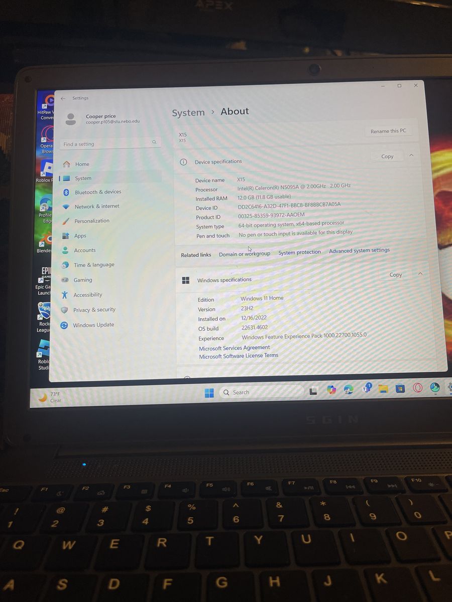 SGIN Gaming laptop X15 Intel 2.00GHz RAM 12.0