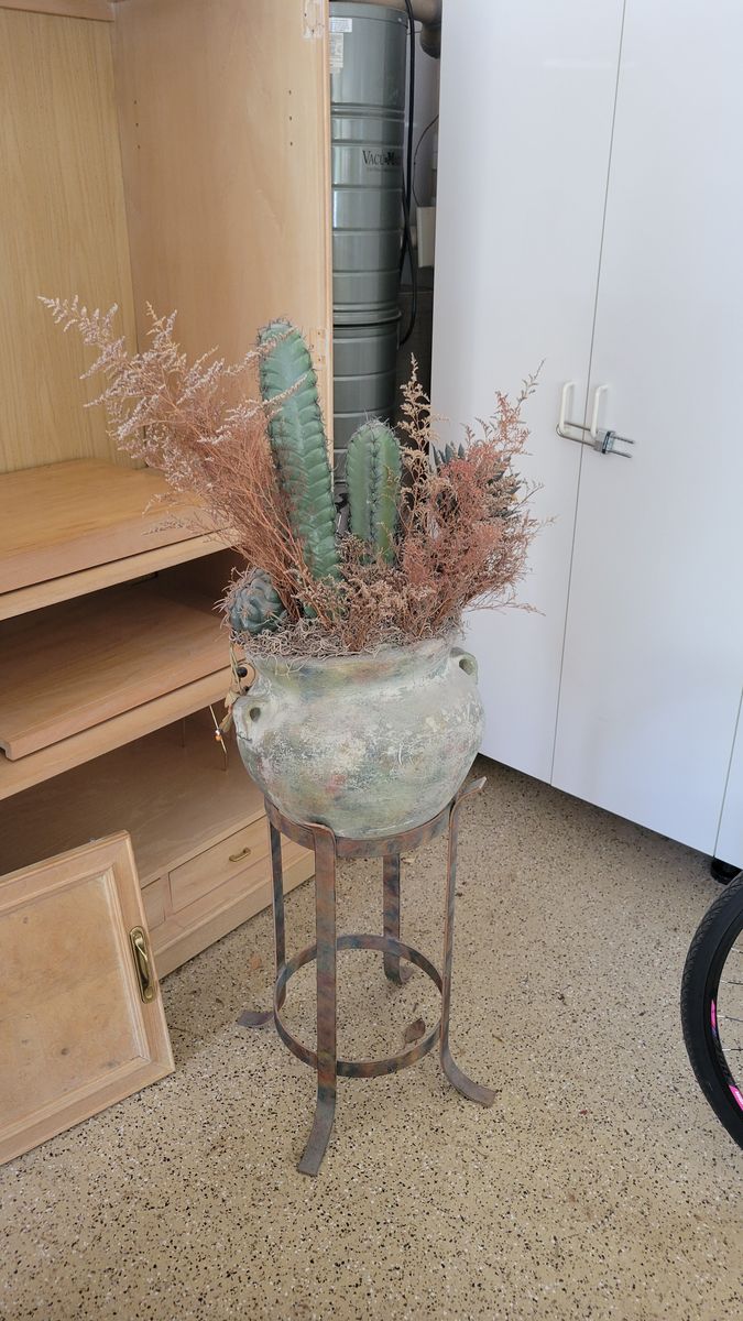 Large Decorative Pot with Metal Stand - Distressed Finish Planter