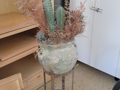 Large Decorative Pot with Metal Stand - Distressed Finish Planter