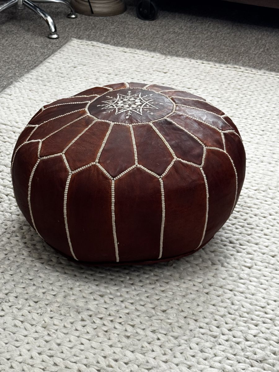 Pottery Barn Handmade Moroccan Leather Pouf Ottoman - Brown with White Embroidery
