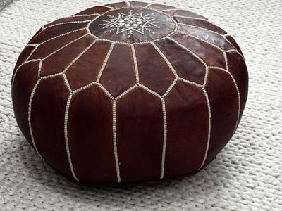 Pottery Barn Handmade Moroccan Leather Pouf Ottoman - Brown with White Embroidery