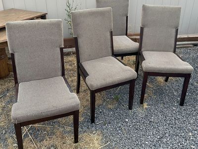 Set of 4 Upholstered Dining Chairs - Neutral Fabric, Dark Wood Frame