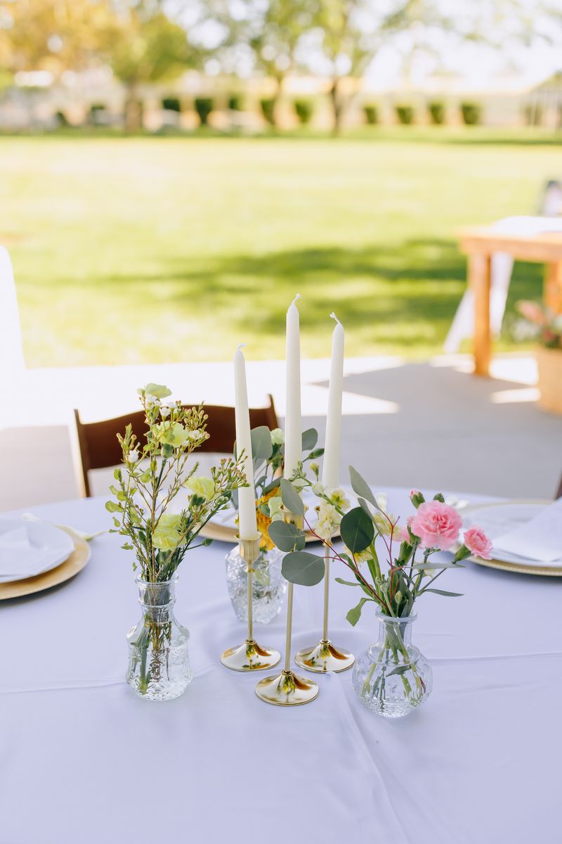 60 Gold Taper Candle Holders + 70 White Candles (Never Burned) – Complete Wedding/Event Set