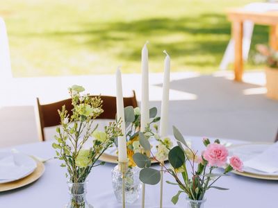 60 Gold Taper Candle Holders + 70 White Candles (Never Burned) – Complete Wedding/Event Set