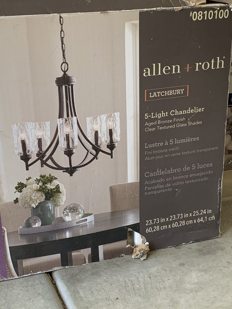 Allen + Roth Latchbury 5-Light Chandelier - Aged Bronze Finish, Clear Textured Glass Shades