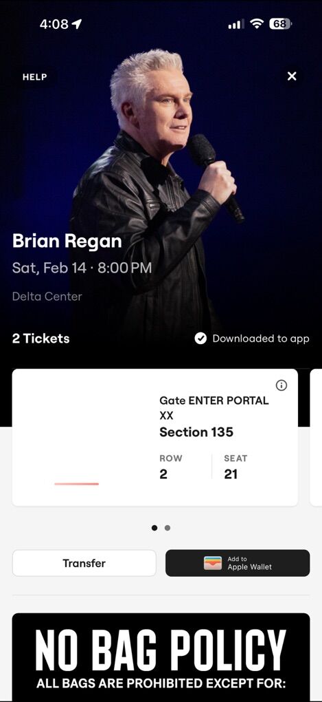 Brian Regen tonight, 2 Tickets Via SeatGeek