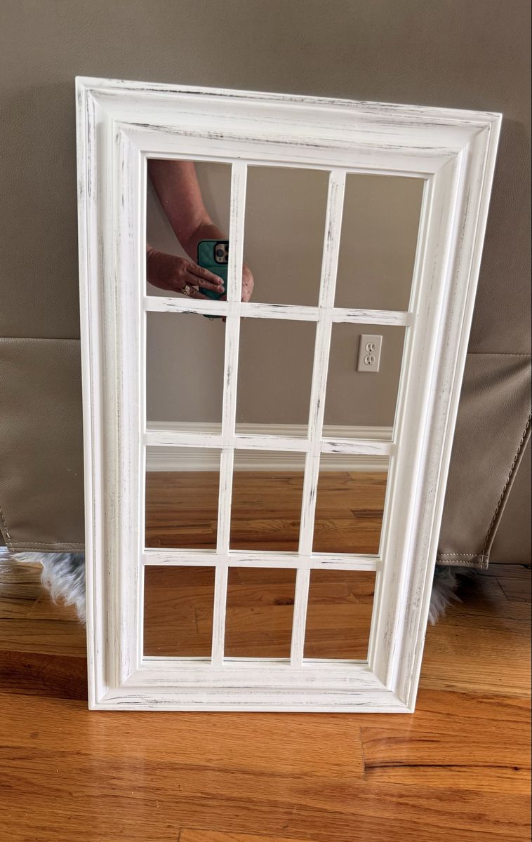 Distressed White Windowpane Wall Mirror - Rustic Farmhouse Decor 29 x 17