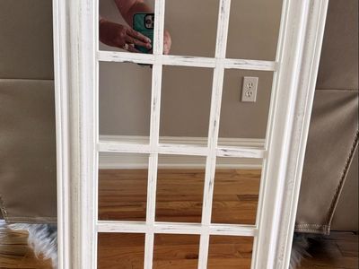 Distressed White Windowpane Wall Mirror - Rustic Farmhouse Decor 29 x 17