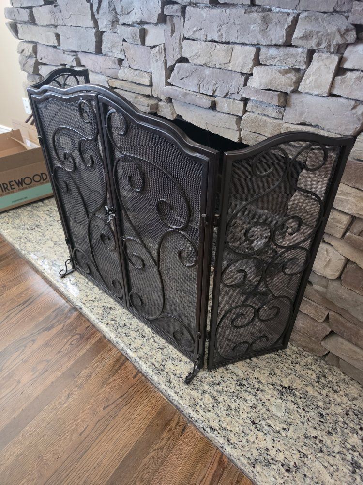 Decorative Wrought Iron 3-Panel Fireplace Screen with Doors - Scroll Design, Deep Bronze Finish